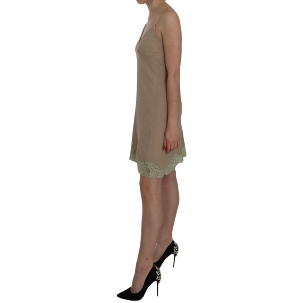 PINK MEMORIES Beige Lace Spaghetti Strap Mini Cotton Women's Dress